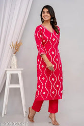 Pink rayon polka dot kurta for party wear, three-quarter sleeves, printed combo, India