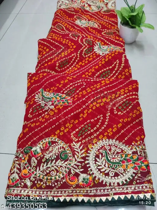 Red Bhandhni Embroidery Georgette saree, traditional Indian silk blouse not included