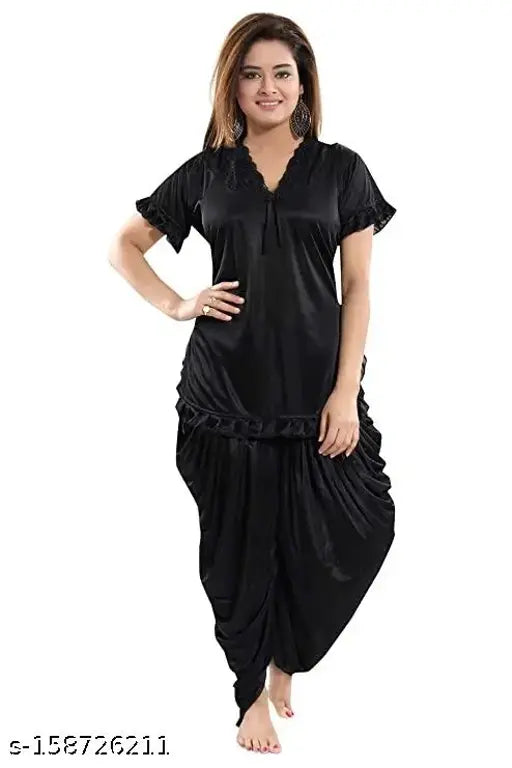 Indian-origin satin Patiala night suit, solid with lace details, short sleeves, V-neck