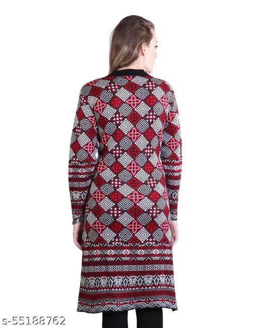 Red wool A-line printed kurti, long sleeves, Montrex premium quality, India origin