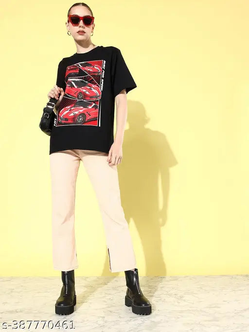 Women's black graphic oversized cotton t-shirt (short sleeves), printed net pattern, XS (bust size: 38 in, length size: 27 in)