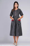 Women's cotton dobby pleated pocket kurtis - trending Indian fashion, single-color print, short sleeves
