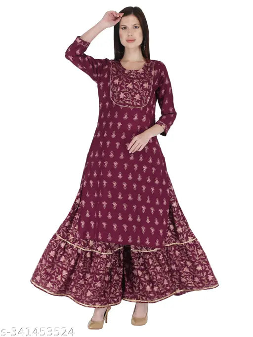 Rayon gold printed sharara sets for ladies: Wine-colored women's and girls kurta with sharara, lace details, single size available, origin India