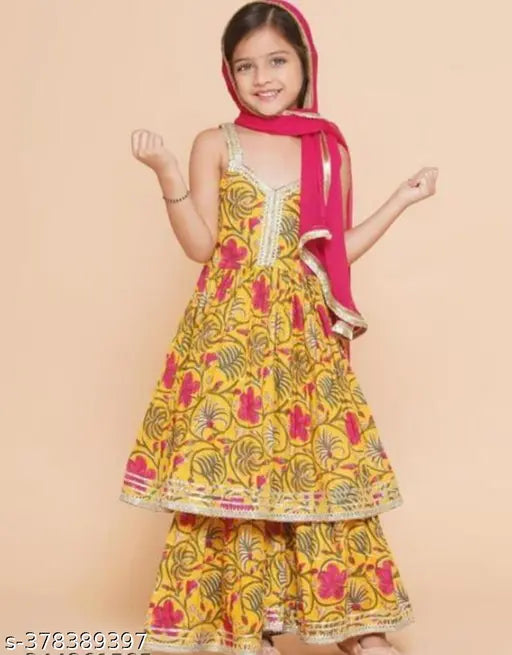 Kids rayon kurta sharara set with chiffon dupatta, printed design for 5-6 or 7-8 years old, India origin