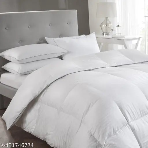 White reversible satin striped microfiber comforter, 220 GSM, king size double bed duvet for winter (90x100 inches)