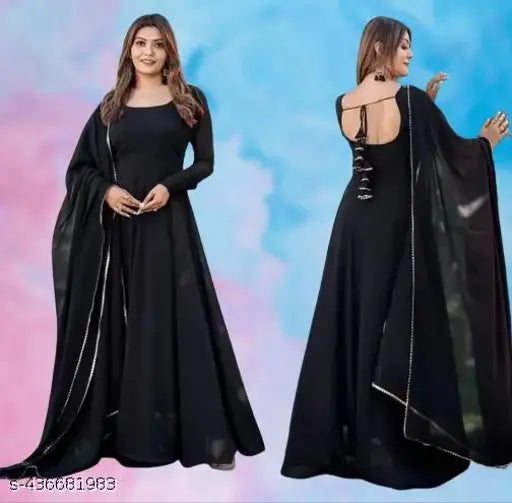 Black Georgette Morpeach Anarkali Kurta Set with Dupatta, Indian designer wedding gown for women