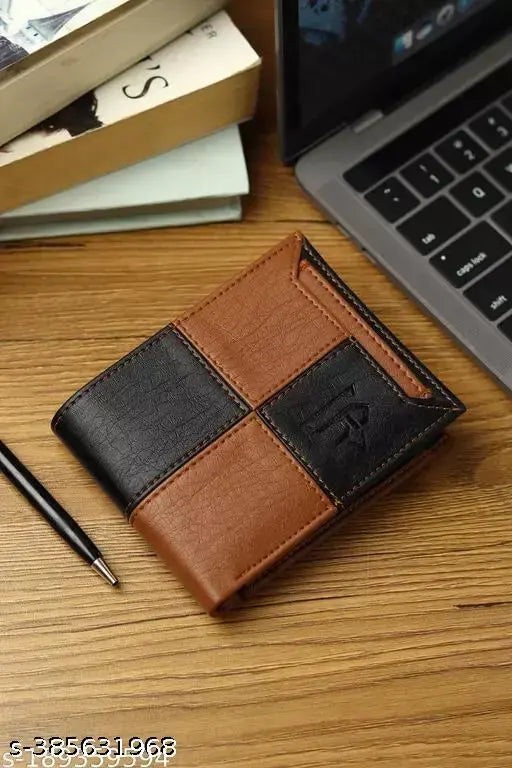 Faux leather/leatherette men's square ATM wallet, colorblock design with 2 compartments. Durable, well-crafted accessory for storing cards and coins. Made in high-quality PU leather, India origin