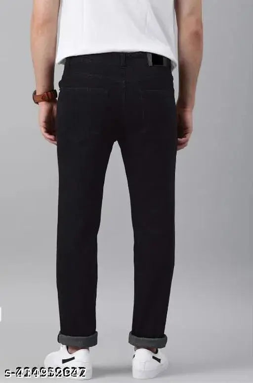 Black denim men's jean with durable, breathable fabric, trendy design and knee-damage cut. Perfect for parties and everyday wear. Made by Outfit World, India. (Size 34)