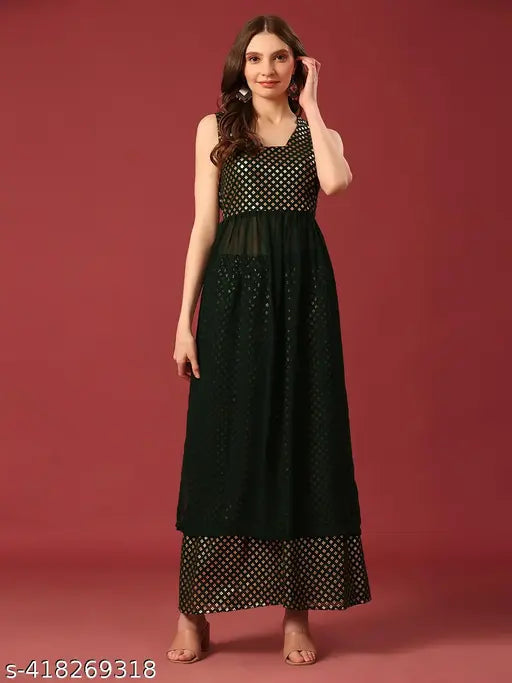 Georgette Kurta Palazzo Set, embellished net A-line kurta with sweetheart neck and palazzos featuring ankle length and elasticated waistband, India origin