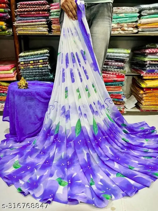 Fancy Georgette flower print saree in vibrant colors, free size, perfect for special occasions