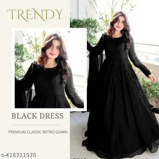Black trendy georgette evening gown set for women, solid net, long sleeves, perfect for formal parties and events