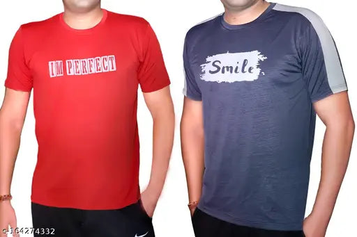 Grey and red Lycra stretchable T-shirt with short sleeves and printed net pattern, available in sizes M, L, XL