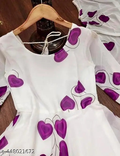 White and purple floral print Anarkali Kurta set on model, featuring long sleeves and georgette fabric for elegant ethnic wear