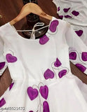 White and purple floral print Anarkali Kurta set on model, featuring long sleeves and georgette fabric for elegant ethnic wear