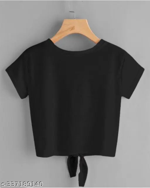 Black knot crop top t-shirt with cat print, trendy women's lycra short sleeve