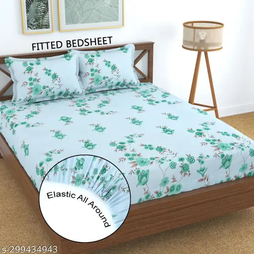 New Sky Blue TARAIN Collection Premium Cotton Elastic King Size Fitted Bedsheets with 2 Pillow Covers, botanical design, 72x78+10 inches, soft & easy-to-wash, ideal for adults, machine washable