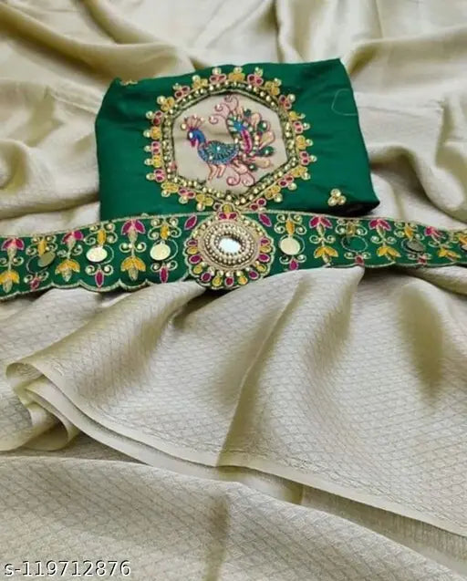 Chiffon saree with embroidered net blouse, solid pattern, free size, Indian origin