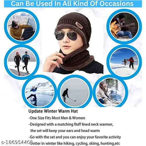 Black textured unisex woolen beanie and scarf set, fur-lined for warmth during winter activities