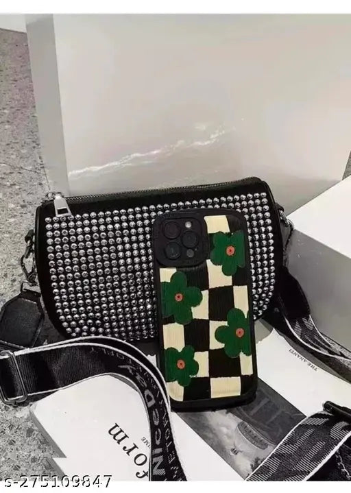 Designer PU square bag with coin purse, embellished with rhinestones, free size, shiny accessories for women, India origin