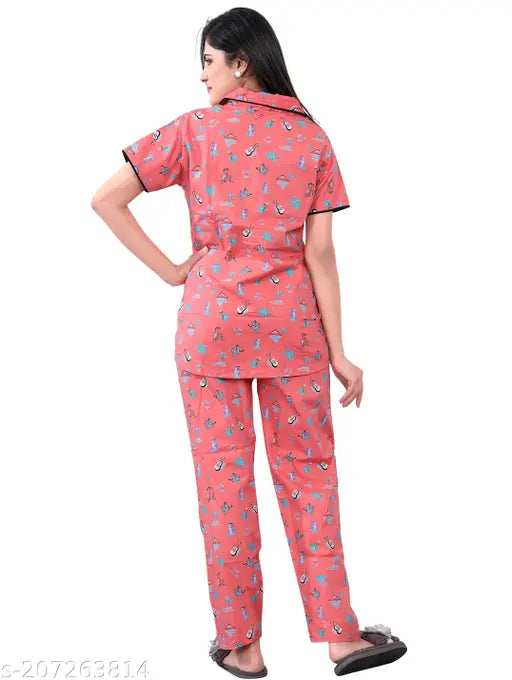 Pink comfort cotton women's nightshirt & pyjama set, printed net pattern on premium cotton dailywear, size M (38in bust, 26in top length, 30in waist, 38in bottom length) or XXL (44in bust, 26in top length, 36in waist, 38in bottom length), India origin