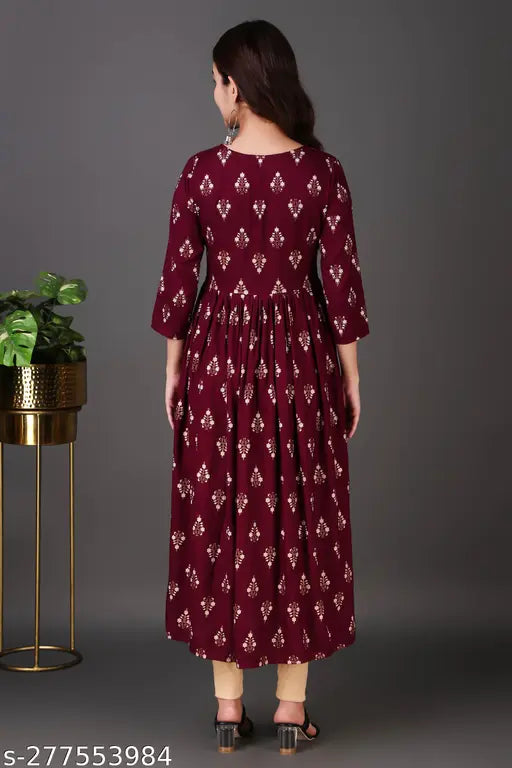 Soft rayon kurti for pregnant women, three-quarter sleeves, printed design, Aishani's premium collection from India