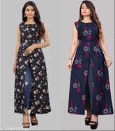 Printed combo A-line kurta, sleeveless, crepe fabric, vibrant floral design. Suitable for functions, parties, office. Apple cut, relaxed fit, suitable for all weather