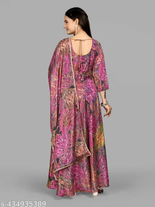 Digital Floral Print Poly Silk Floor Length Anarkali Gown, exquisite design for weddings and special events