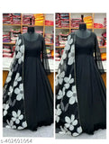 Black Georgette Kurti with Dupatta, featuring a heavy flower printed design, long sleeves, and stylized neckline. Made from soft Georgette fabric with full lining. Includes an organza dupatta. Perfect for parties, weddings, or festive occasions. Available in sizes S-XXL (52 inch length). Indian origin