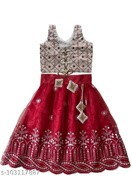 Taffeta silk and net lehenga set with floral stitch design for kids, Indian ethnic wear (6-8 years size shown)