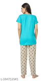 Sky Blue women's hosiery printed half sleeve T-shirt & pajama pants set, cotton, roomy fit for sleepwear/loungewear