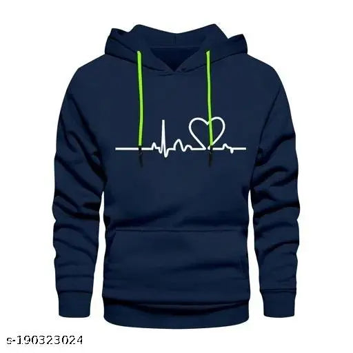 Blue printed unisex hoodie with heart beat design, suitable for boys and girls, cotton material, long sleeves