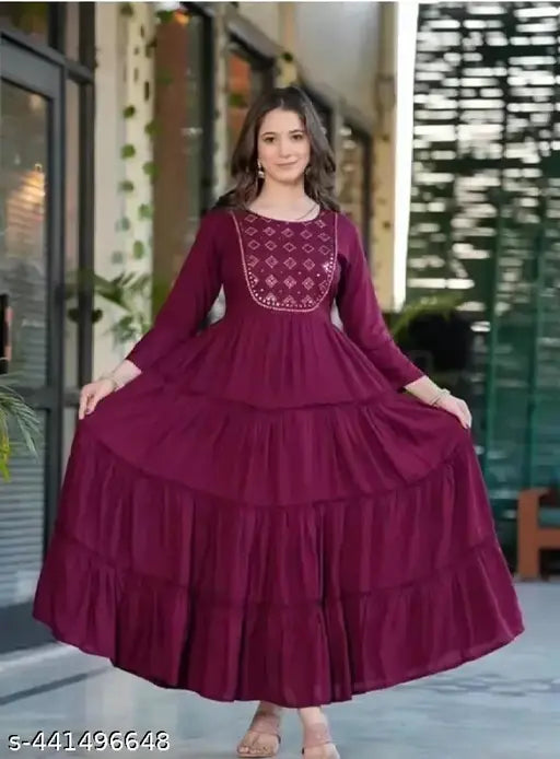 Rayon embroidered gown, single color with golden embroidery, women's size S-3XXL, long flared dress, Indian origin