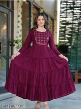 Rayon embroidered gown, single color with golden embroidery, women's size S-3XXL, long flared dress, Indian origin