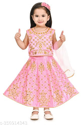 Cotton blend kids lehenga choli, embroidered with net dupatta - Indian festive wear for little ones