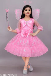 Floral embellished net frock for girls, three-quarter sleeves, Indian party wear fashion