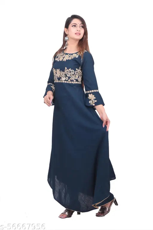 Rayon women's Mehndi-code embroidered long Anarkali kurta with three-quarter sleeves, round neck, available in sizes M to XXL (38in, 40in, 42in, 44in) - Indian handcrafted fashion