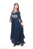 Rayon women's Mehndi-code embroidered long Anarkali kurta with three-quarter sleeves, round neck, available in sizes M to XXL (38in, 40in, 42in, 44in) - Indian handcrafted fashion