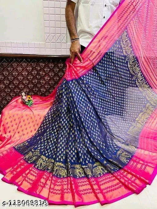 Brasso printed chiffon saree, free size Indian zari woven blouse on mannequin