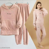 Woolen fur winter nightsuit for women, solid-colored wool pyjamas with long sleeves