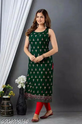 Green rayon sleeveless printed kurta with three-quarter sleeves, showcasing vibrant design. XS to XXL sizes available for a flattering fit. Indian origin