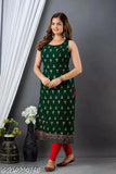 Green rayon sleeveless printed kurta with three-quarter sleeves, showcasing vibrant design. XS to XXL sizes available for a flattering fit. Indian origin