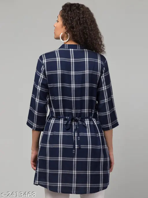 Navy blue rayon checkered tunic top with three-quarter sleeves, mandarin collar, and V-neck for women, made in India