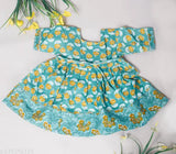 Green floral printed pure cotton kurti dress for baby girls by Spack Jerrow, short sleeves, multiple sizes available from 12-18 months to 5-6 years