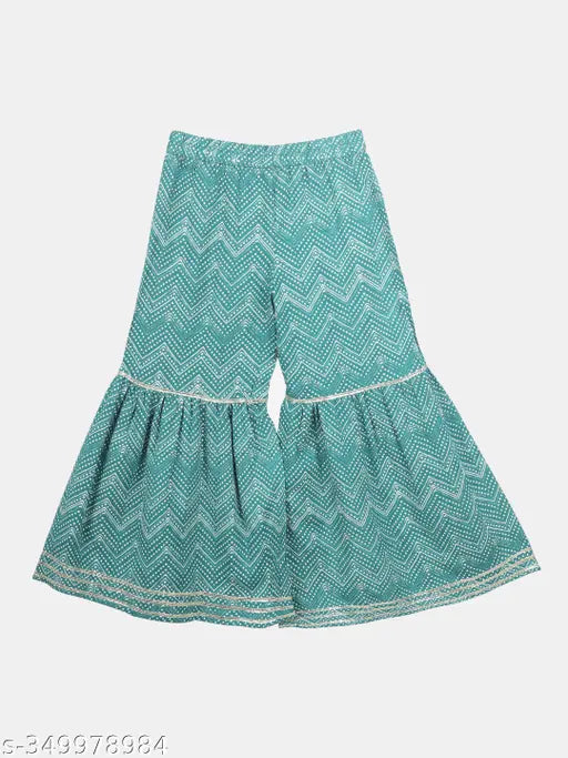 Teal Paisley printed rayon kurta and sharara set - A-line top with V neckline, half sleeves, and heavy printed sharara for festive/wedding occasions. Suitable for children aged 3-10 years. Made in India