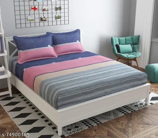 Glace cotton, superfine elastic fitted king size double bedsheet with two pillow covers - perfect for summer, modern abstract design, ideal for adult bedroom décor