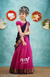 Art Silk South Indian lehenga for girls, long sleeves, solid pattern with jacquard stitch, unstitched set in free size (waist 50m, length 50m, dupatta 1.8m)