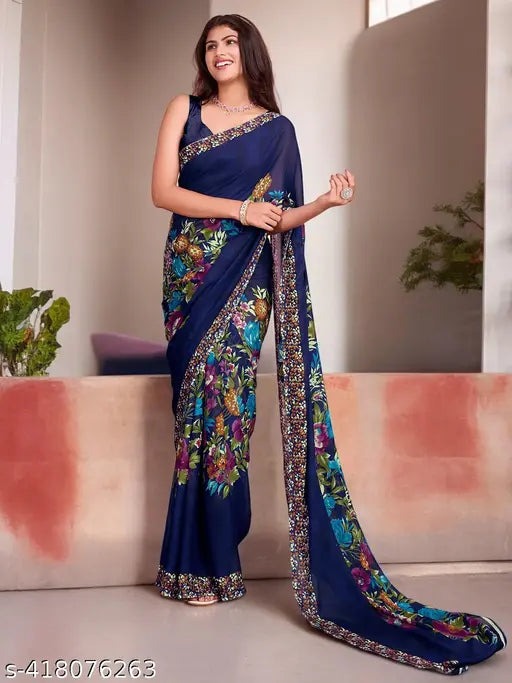 Blue Georgette Bollywood Party Saree with Solid Runner Blouse - Exquisite abstract print, Indian-crafted fashion