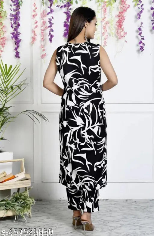 Black set party wear dress - rayon kurta with palazzos, printed net design for women's nightwear