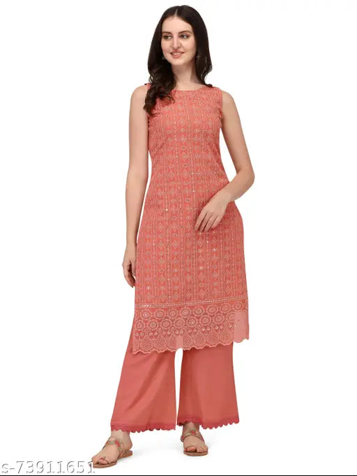 Chikankari georgette kurta and viscose palazzo, sleeveless, embroidered ethnic motifs - India