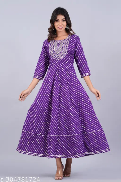 Purple leheriya rayon gown, embroidered and printed net design for party wear, three-quarter sleeve length